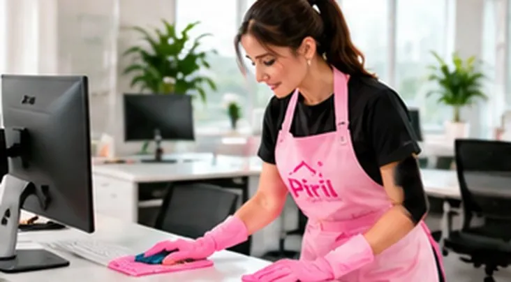Piril-Reinigungskraft reinigt einen Schreibtisch im Büro