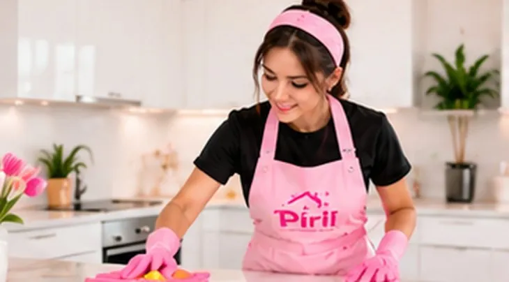 Piril-Reinigungskraft wischt eine Küchenarbeitsplatte